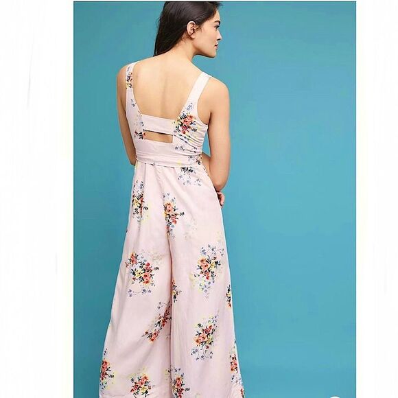Anthropologie Akemi + Kin Adia Jumpsuit Light Pink Floral Linen Blend Size 4 - Picture 2 of 15